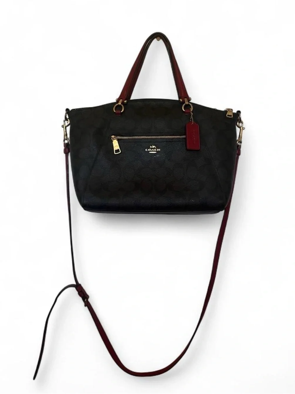 Brown Coach prairie satchel purse with red Trim and Strap